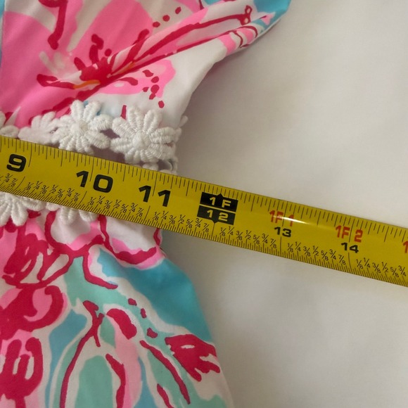 Lilly Pulitzer Blue Pink Floral Flare Dress Spaghetti Straps Crochet Waist Sz 00 - Picture 11 of 12